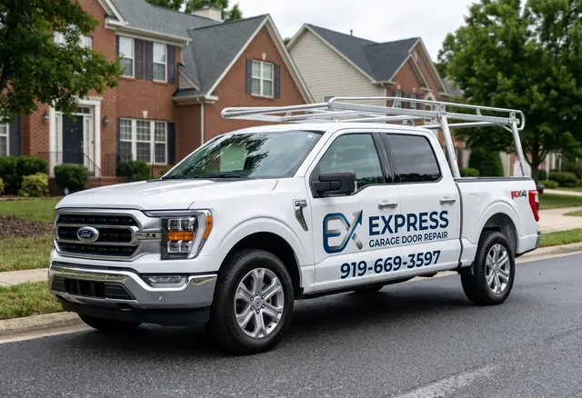 Express Garage Door Repair service truck parked in front of a home